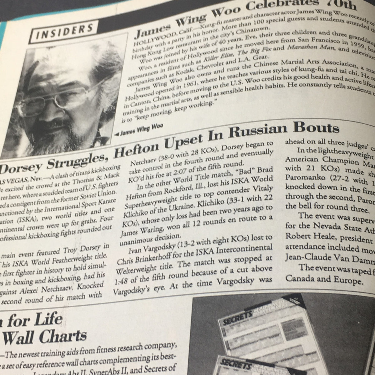 Inside page of Inside Kung Fu Magazine January 1993 featuring an article about James Wing Woo, a prominent Kung Fu master, highlighting martial arts events.