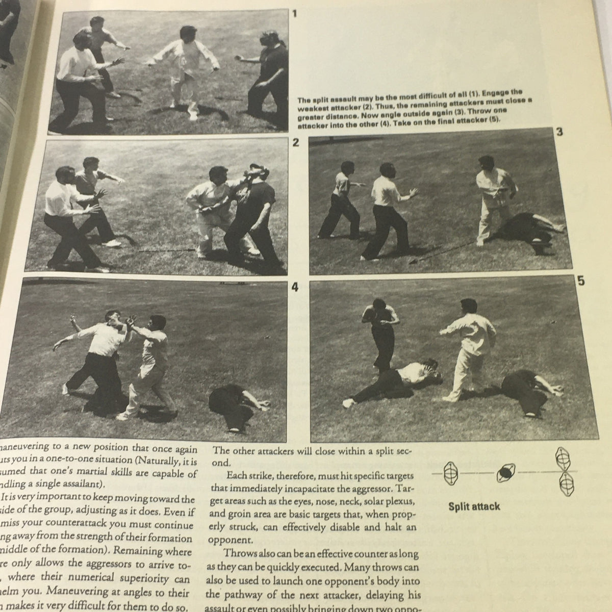 Inside Kung Fu Magazine January 1993 - A detailed step-by-step illustration of a split assault technique in Wing Chun, showcasing multiple martial artists engaged in close combat practice.