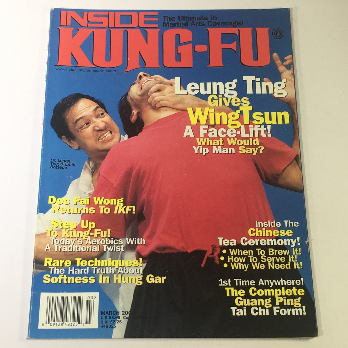 Cover of Inside Kung Fu Magazine March 2000 featuring Leung Ting demonstrating Wing Tsun techniques, highlighting martial arts culture from the early 2000s.