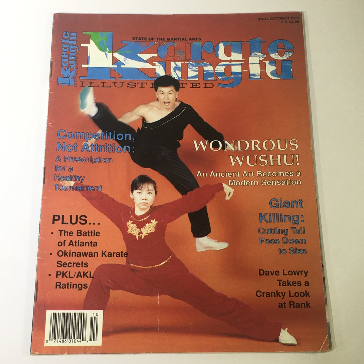 Cover of Karate Kung Fu Illustrated Magazine from October 1990 featuring the title 'Karate Kung Fu Illustrated Magazine October 1990 - Dave Lowry Cranky Look Rank', showcasing martial artists in dynamic poses with highlights on competition and martial arts culture.