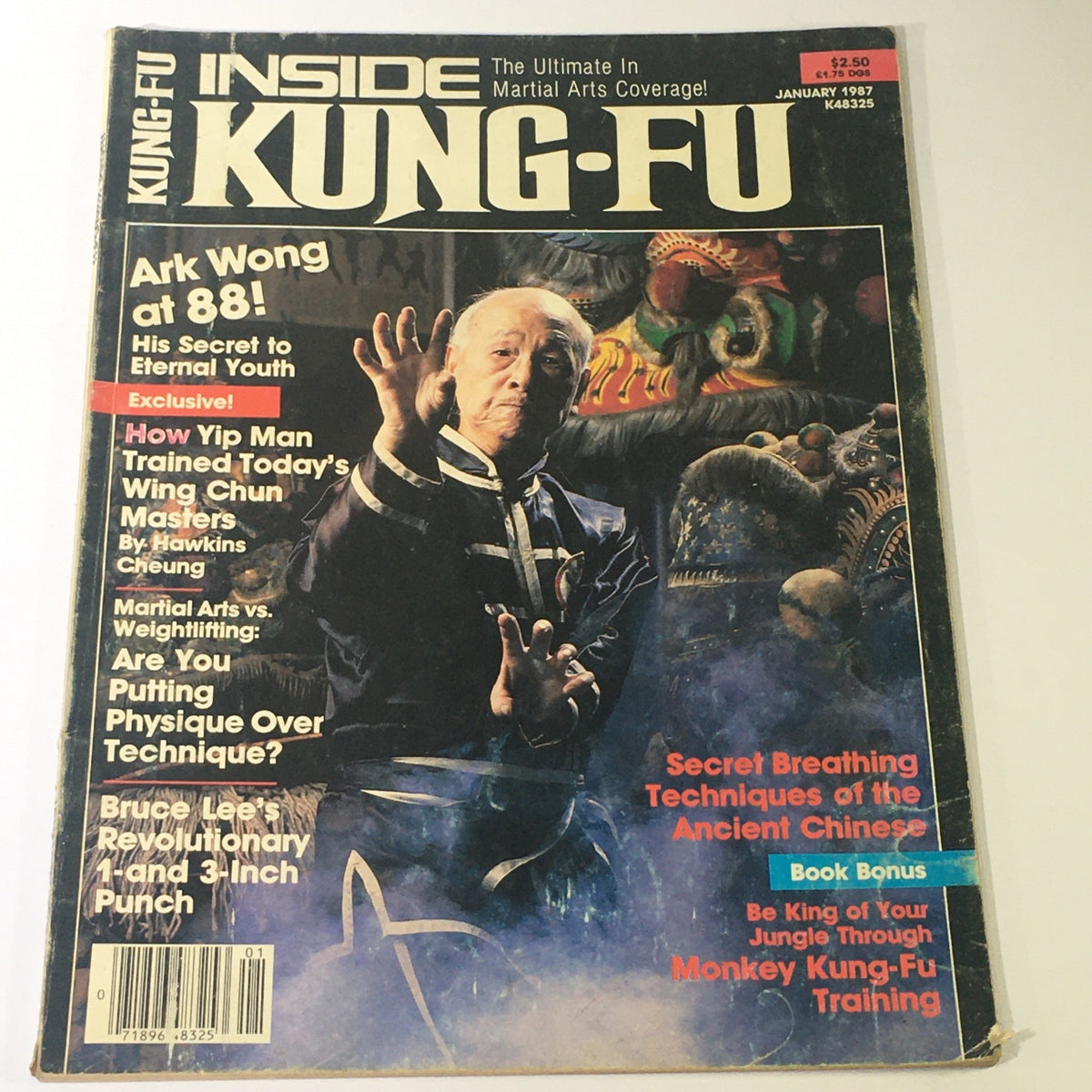 Vintage Inside Kung Fu Magazine January 1987 featuring Ark Wong on the cover, showcasing martial arts themes and notable figures such as Bruce Lee and Yip Man.