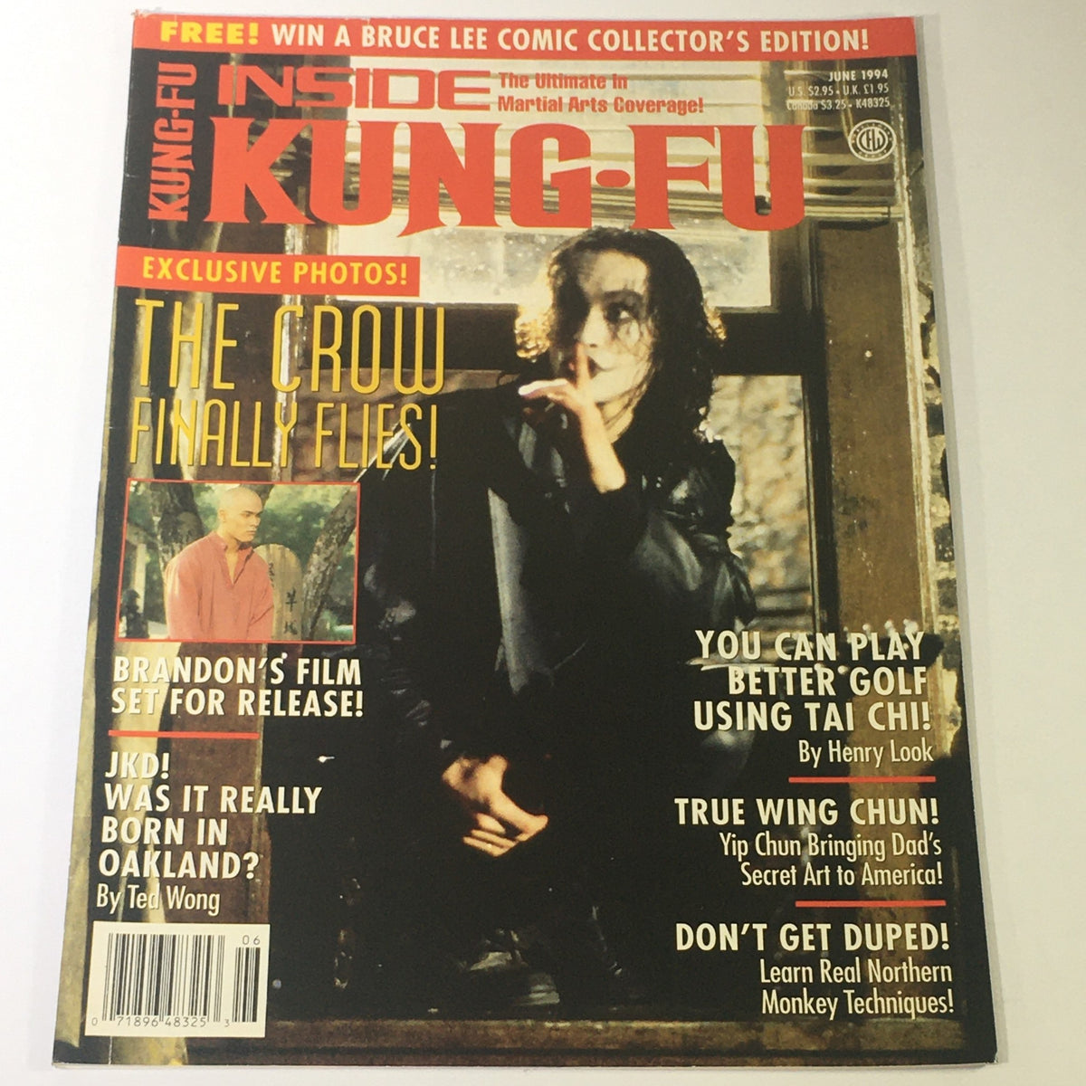 Cover of Inside Kung Fu Magazine - June 1994 featuring Brandon Lee as The Crow, with headlines about martial arts and Jeet Kune Do.