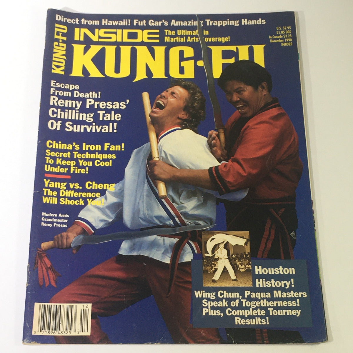 Cover of Inside Kung Fu Magazine from December 1990 featuring martial arts content, including Remy Presas, techniques of Wing Chun and Paqua, and historical insights into martial arts.