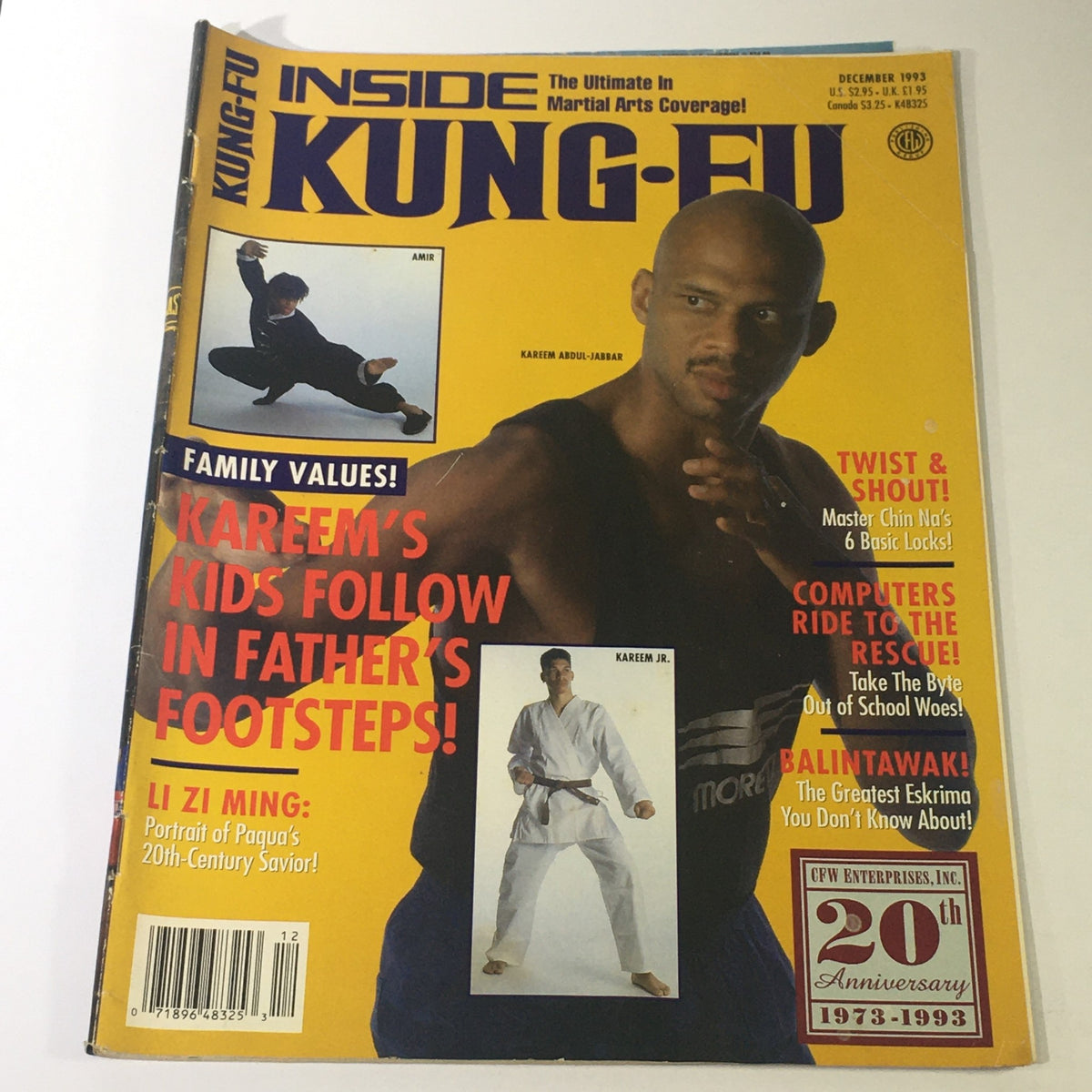 Cover image of Inside Kung Fu Magazine December 1993 featuring Amir, Kareem Abdul-Jabbar, and his son Kareem Jr. Highlights include martial arts themes and family values.