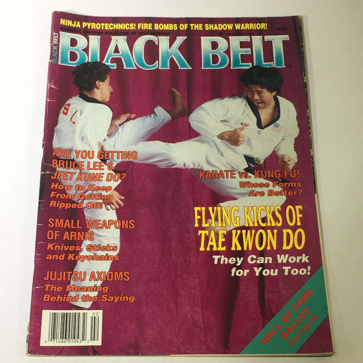 Cover of Black Belt Magazine February 1991 featuring Bruce Lee's Jeet Kune Do and Jujitsu Axioms. The vibrant magazine cover showcases martial artists in action, emphasizing topics like Tae Kwon Do and Kicking Techniques, along with headlines focused on martial arts insights and tips.
