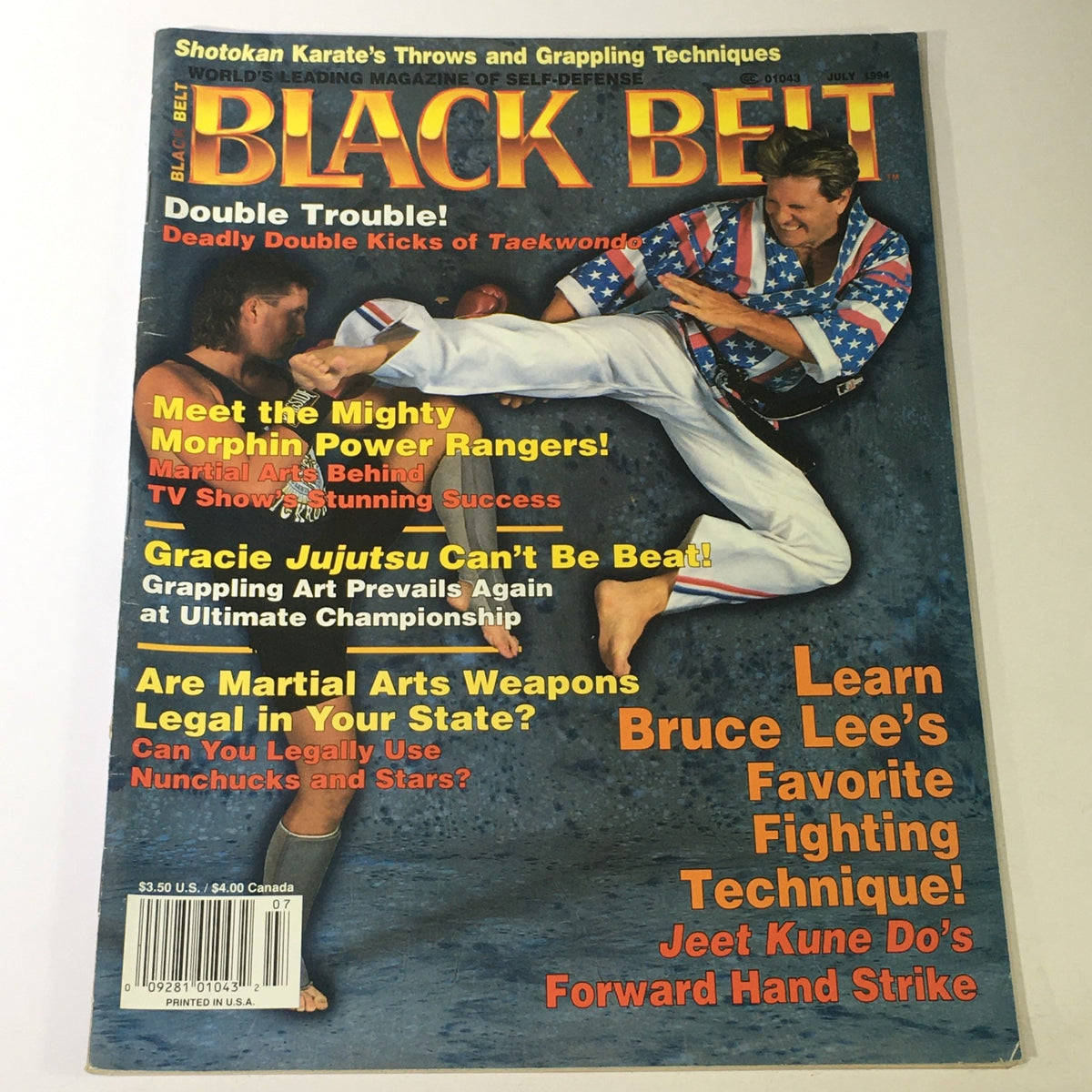 Cover of Black Belt Magazine July 1994 featuring Royce Gracie and articles on Jujitsu and Bruce Lee's Jeet Kune Do, showcasing martial arts techniques and history.