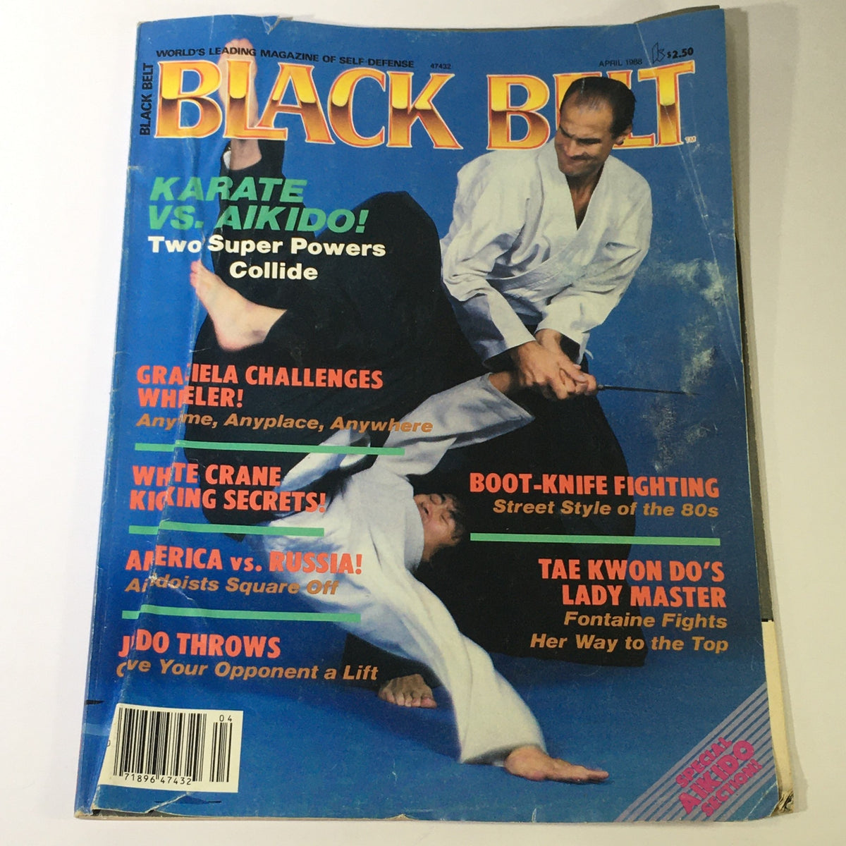 Cover of VTG Black Belt Magazine from April 1988 featuring martial arts topics such as Karate vs. Aikido and the Graciela Challenges Wheeler.