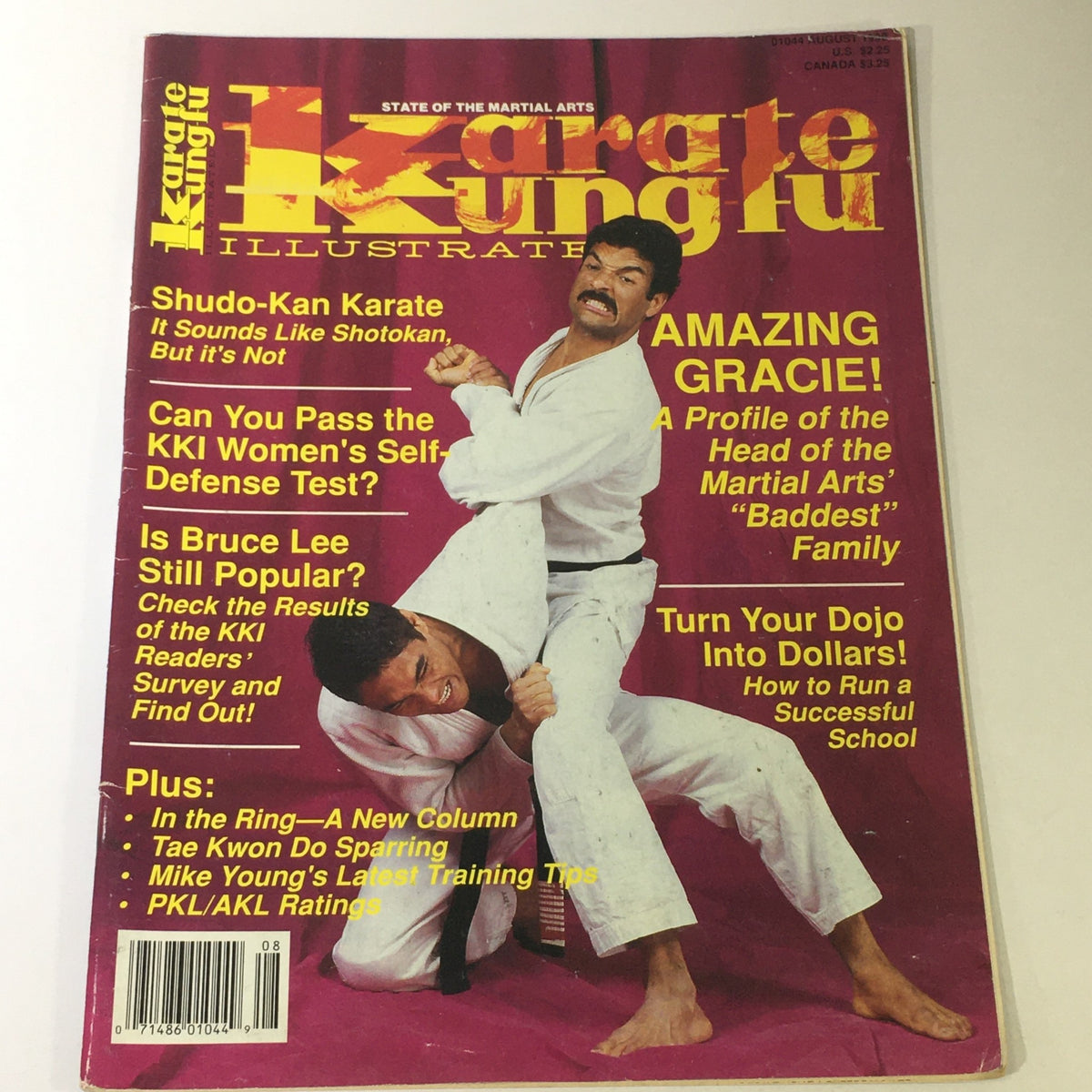 Cover of Karate Kung Fu Illustrated Magazine August 1990 featuring martial arts techniques and styles, including a highlight on Bruce Lee and Royce Gracie.