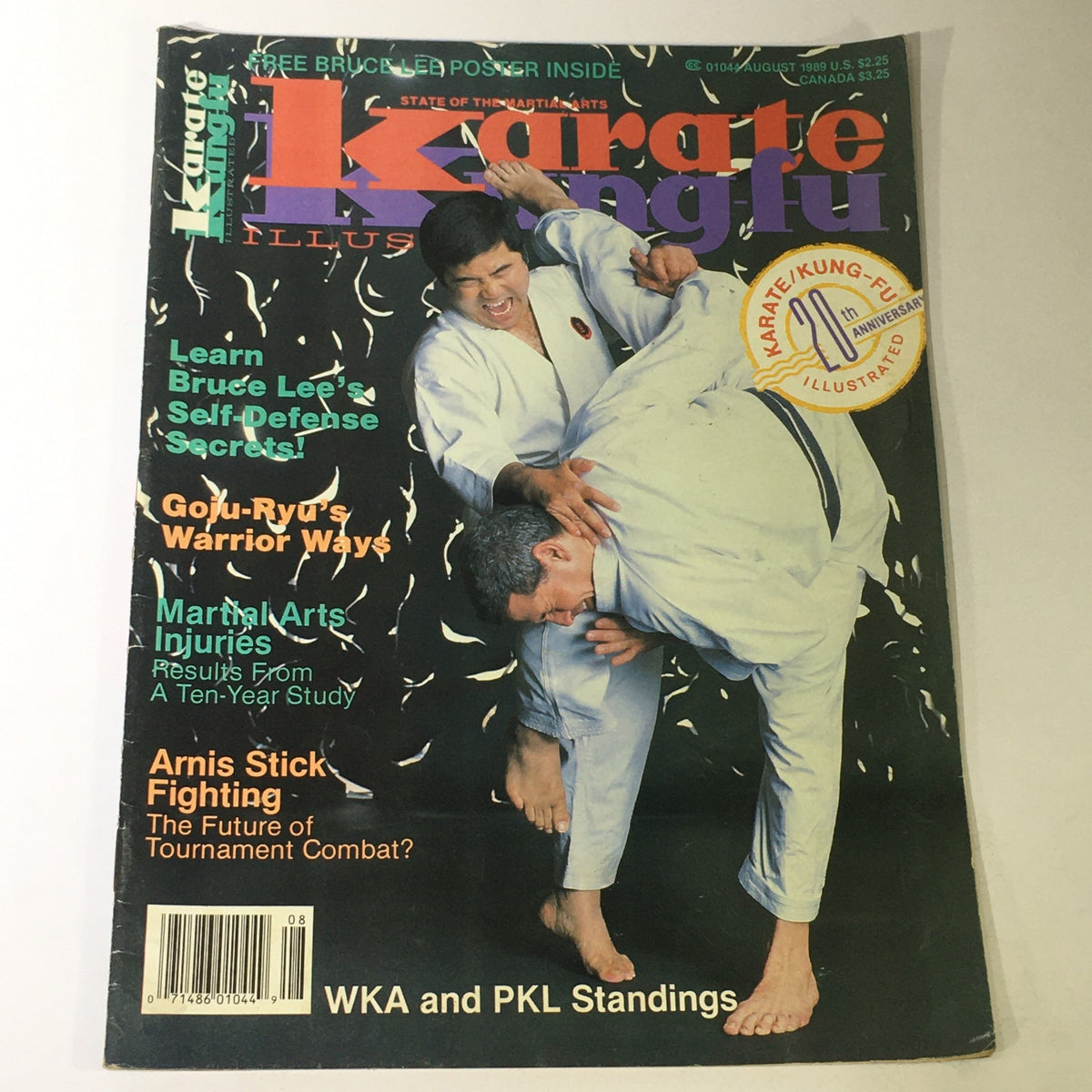 Cover of the VTG Karate Kung Fu Illustrated Magazine from August 1989, featuring Bruce Lee secrets, martial arts fighting techniques, and notable articles on Gojū-Ryū fighting styles, making it a collectible issue for martial arts enthusiasts.