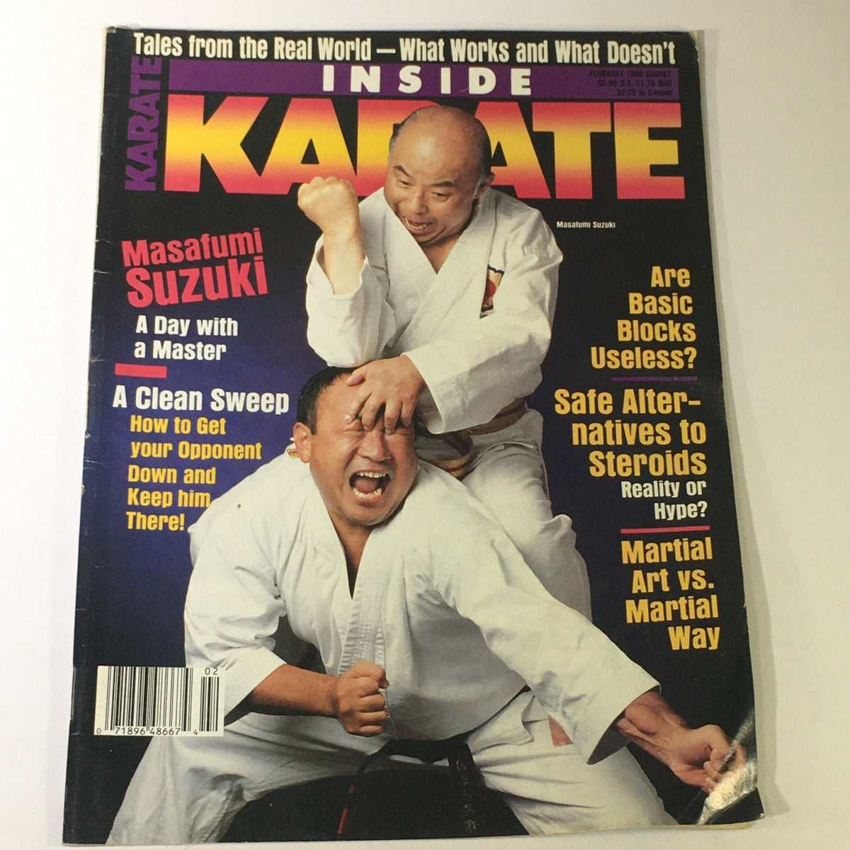 Inside Karate Magazine February 1990 cover featuring Masafumi Suzuki demonstrating martial arts techniques with a dramatic pose. This vintage magazine captures a pivotal moment in karate history.
