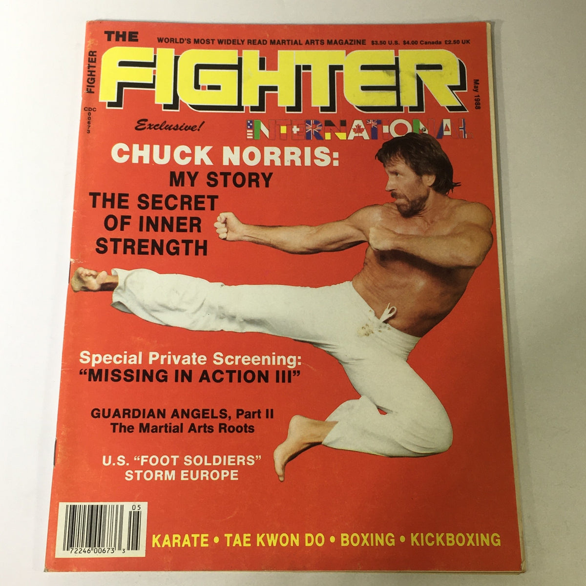 Fighter International Magazine May 1988 featuring Chuck Norris on the cover, showcasing his story and martial arts insights, with headlines about Guardian Angels 2 and Missing in Action III.