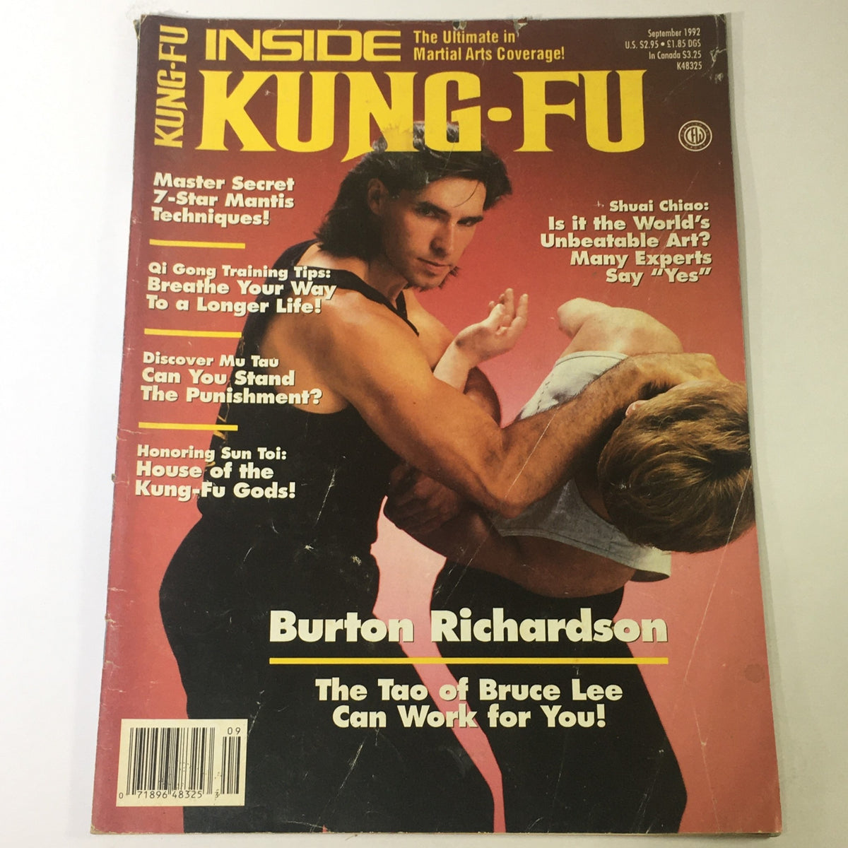 Cover of Inside Kung Fu Magazine September 1992 featuring Burton Richardson, showcasing the title 'The Tao of Bruce Lee Can Work for You!' and articles on martial arts techniques.