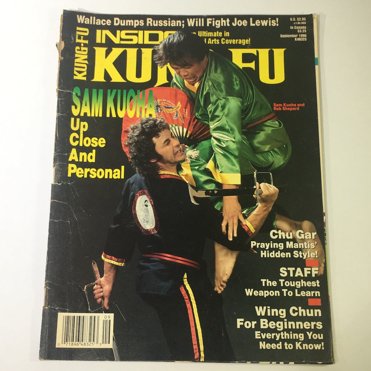 Cover of Inside Kung Fu Magazine September 1990 featuring Sam Kouha and Rob Shepard in action, showcasing martial arts techniques with vibrant colors and dynamic poses.