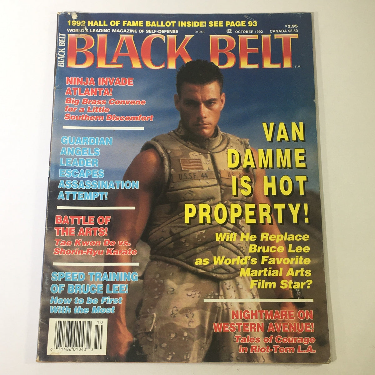 Cover of Black Belt Magazine, October 1992 edition featuring Jean-Claude Van Damme as the highlighted star. The magazine includes articles on martial arts topics such as Ninja invasions and Bruce Lee's training.