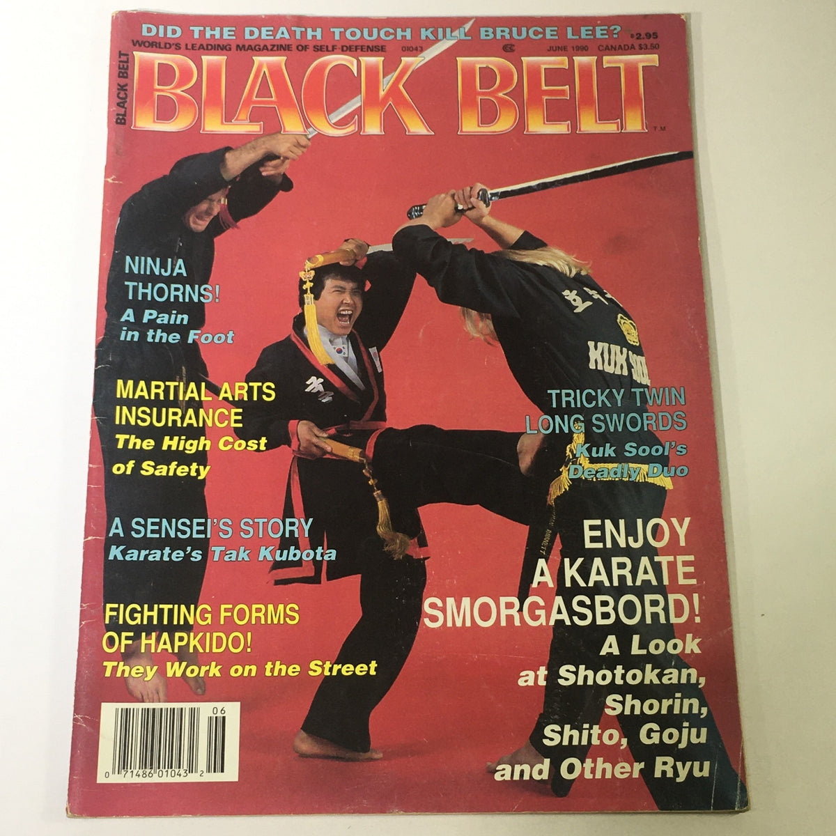 Cover of Black Belt Magazine June 1990 featuring articles on the death of Bruce Lee and karate's Tak Kubota, with vibrant red background and martial arts action.