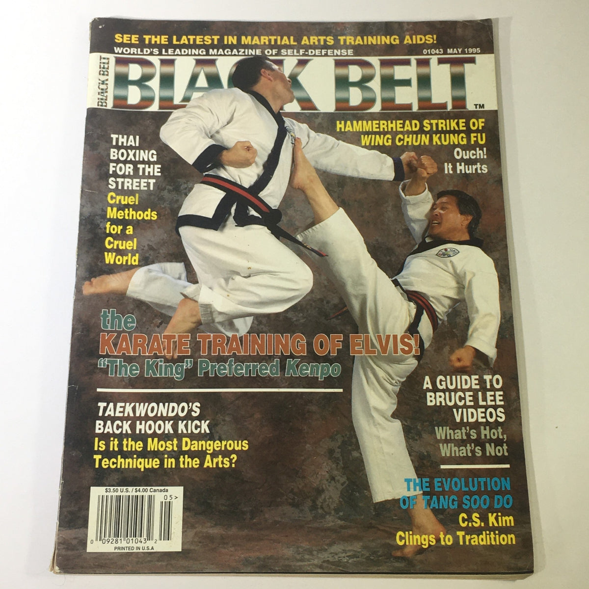 Cover of Black Belt Magazine from May 1995 featuring articles on the Karate training of Elvis Presley and Bruce Lee video guides, showcasing martial arts imagery and training techniques.