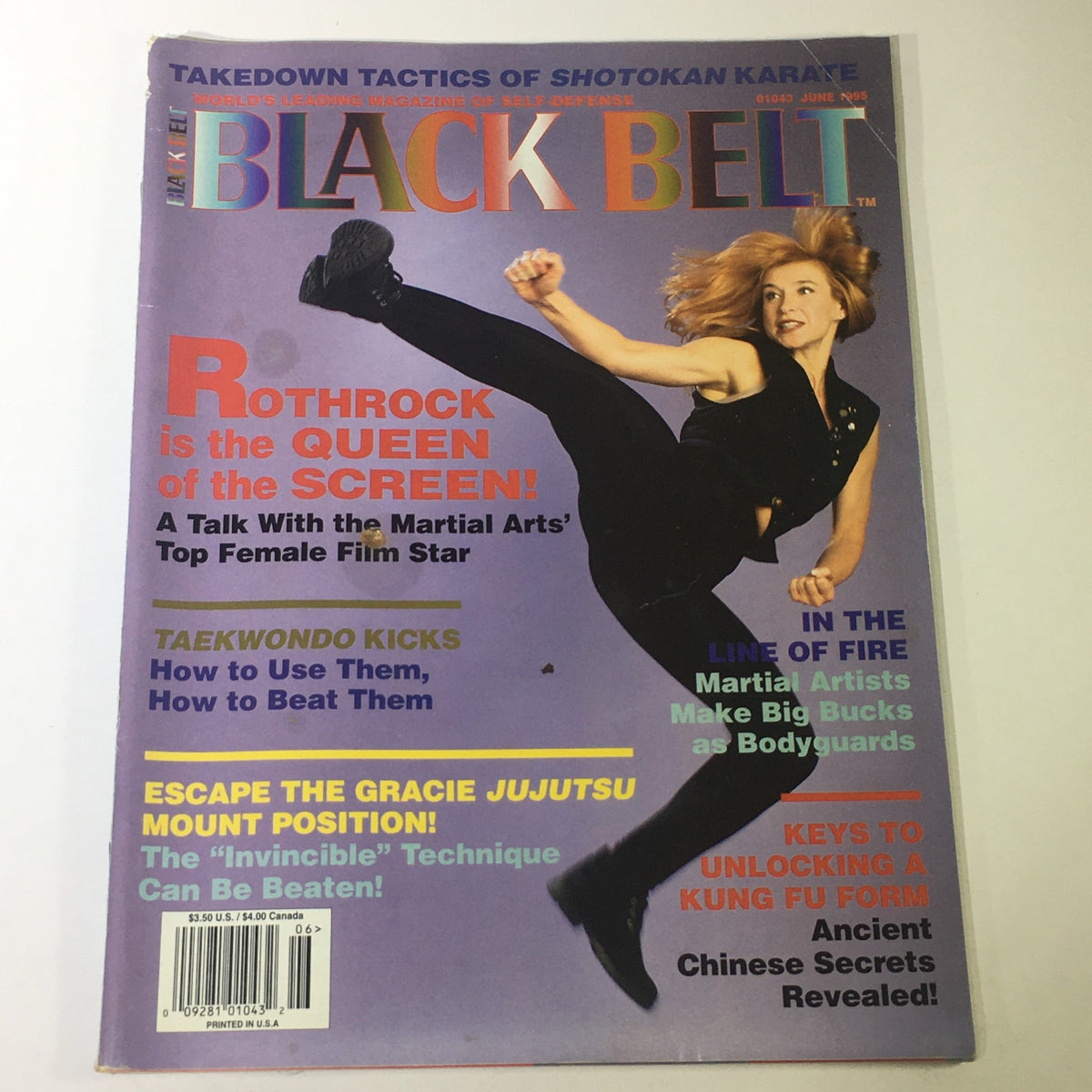 Cover of Black Belt Magazine June 1995 featuring Cynthia Rothrock as the Screen Queen, showcasing martial arts themes and techniques like Taekwondo kicks and Jiu-Jitsu.