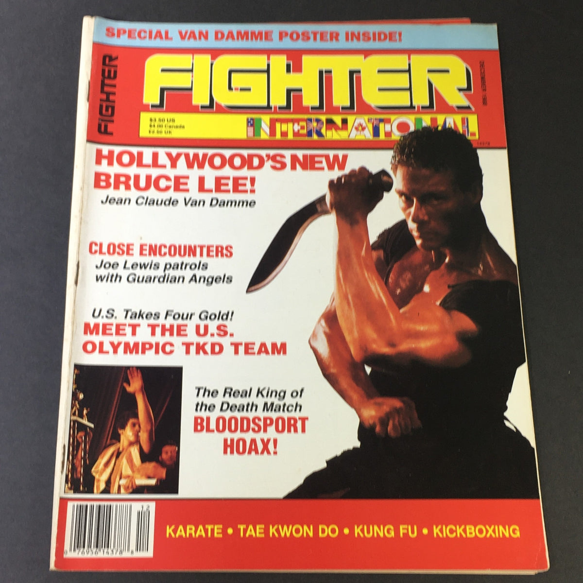 Fighter International Magazine December 1988 cover featuring Jean-Claude Van Damme and Bruce Lee, showcasing martial arts culture of the 1980s with highlights including a special Van Damme poster.