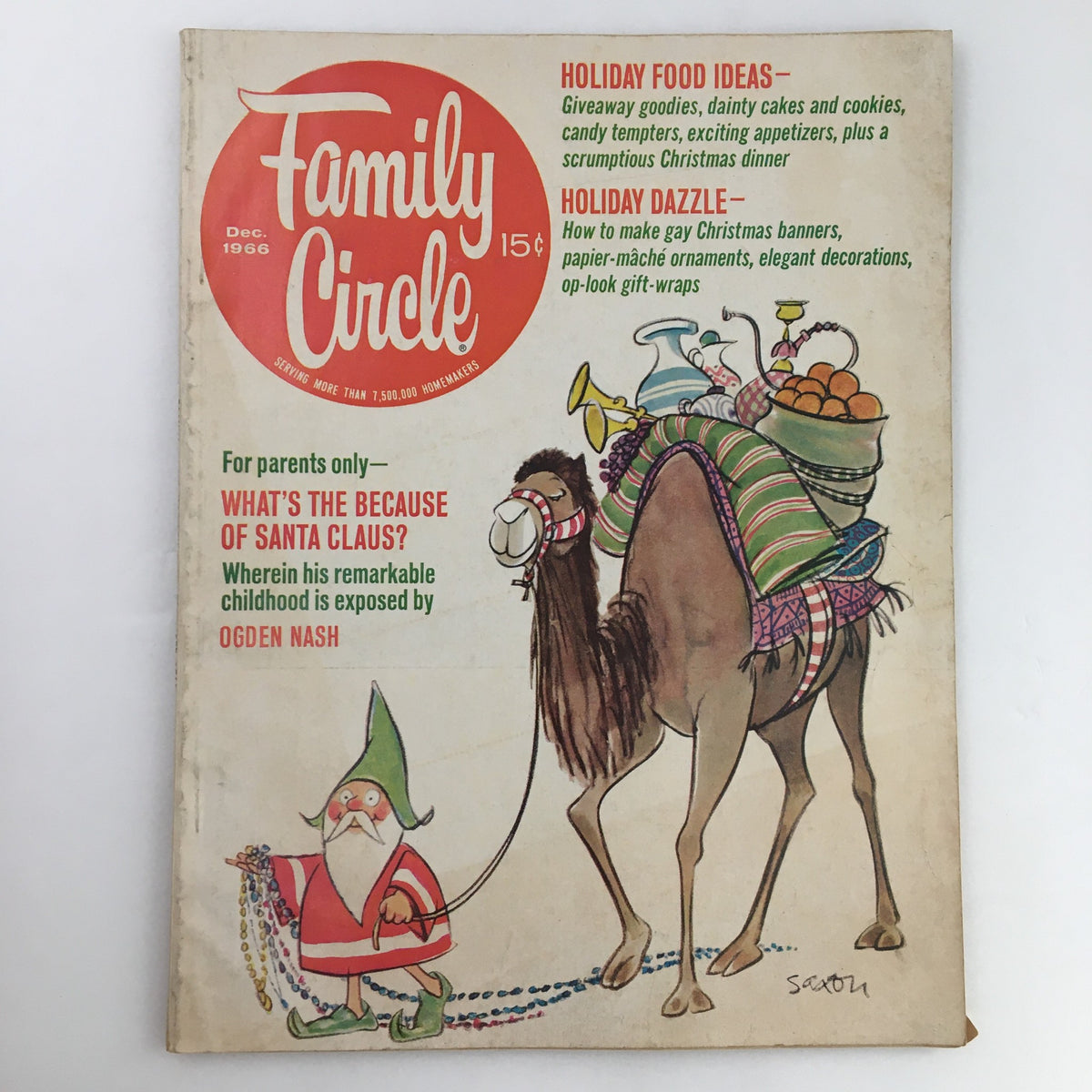 Cover of Family Circle Magazine December 1966 featuring the title "Childhood is Exposed" by Ogden Nash, illustrated with a whimsical holiday theme and a camel carrying festive decorations.