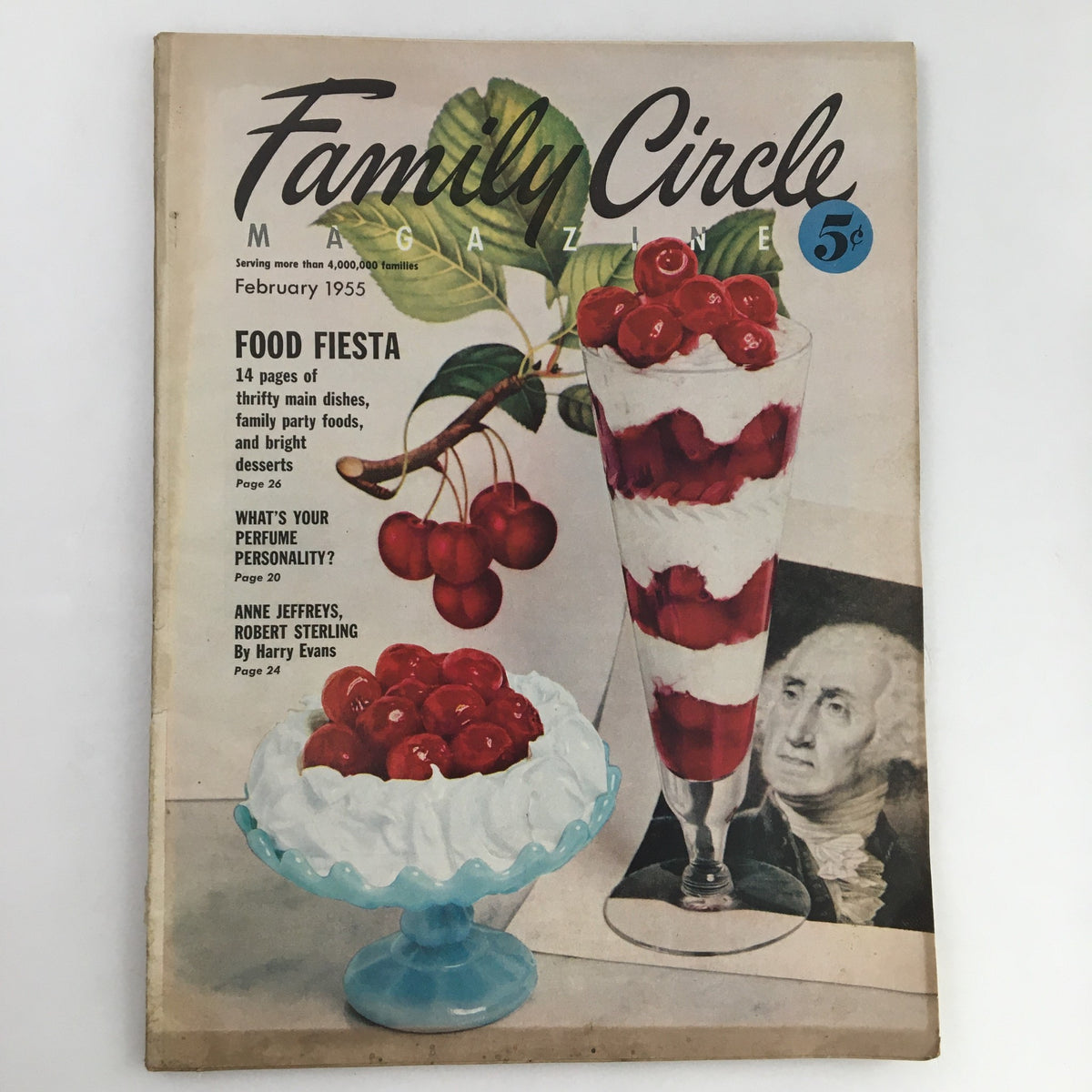 Cover of Family Circle Magazine February 1955 featuring colorful dessert illustrations, cherries, and headlines about food and lifestyle.