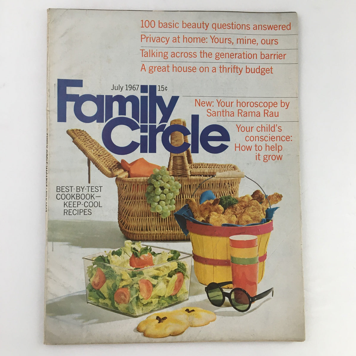 Cover of Family Circle Magazine from July 1967 featuring a picnic basket, salads, snacks, and a vibrant design focused on thrifty budgeting and home decor.