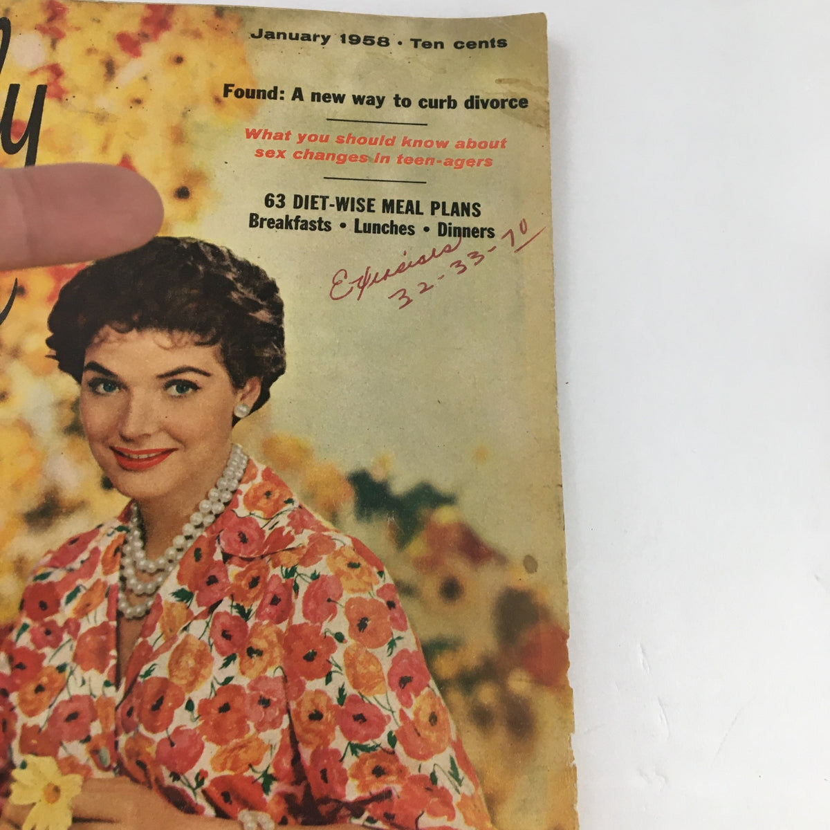 Close-up of Family Circle Magazine January 1958 cover highlighting Polly Bergen and the headlines including diet meal plans.