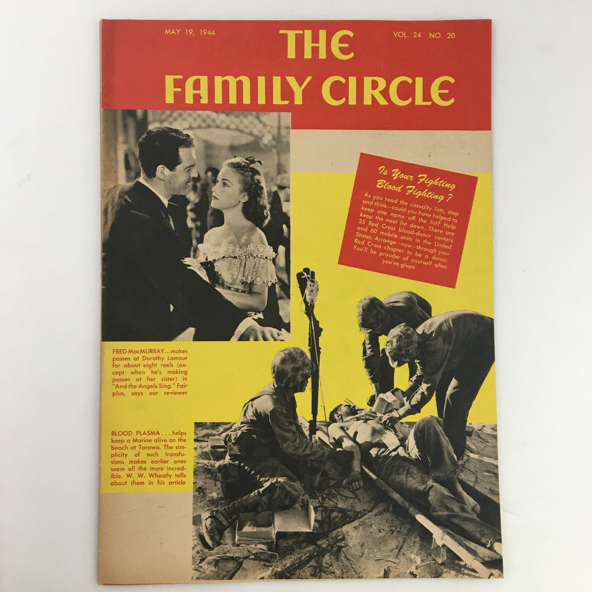 The Family Circle Magazine May 19 1944 featuring Hollywood icons Fred MacMurray and Dorothy Lamour on the cover, showcasing vintage mid-20th century design with articles about family and wartime efforts.