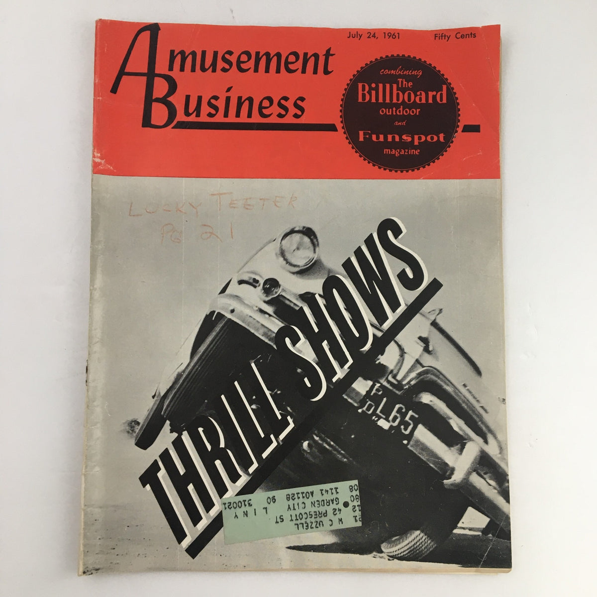 Cover of Amusement Business Magazine July 24, 1961 showcasing the title 'Thrill Shows' with a vintage design and a classic amusement attraction image.