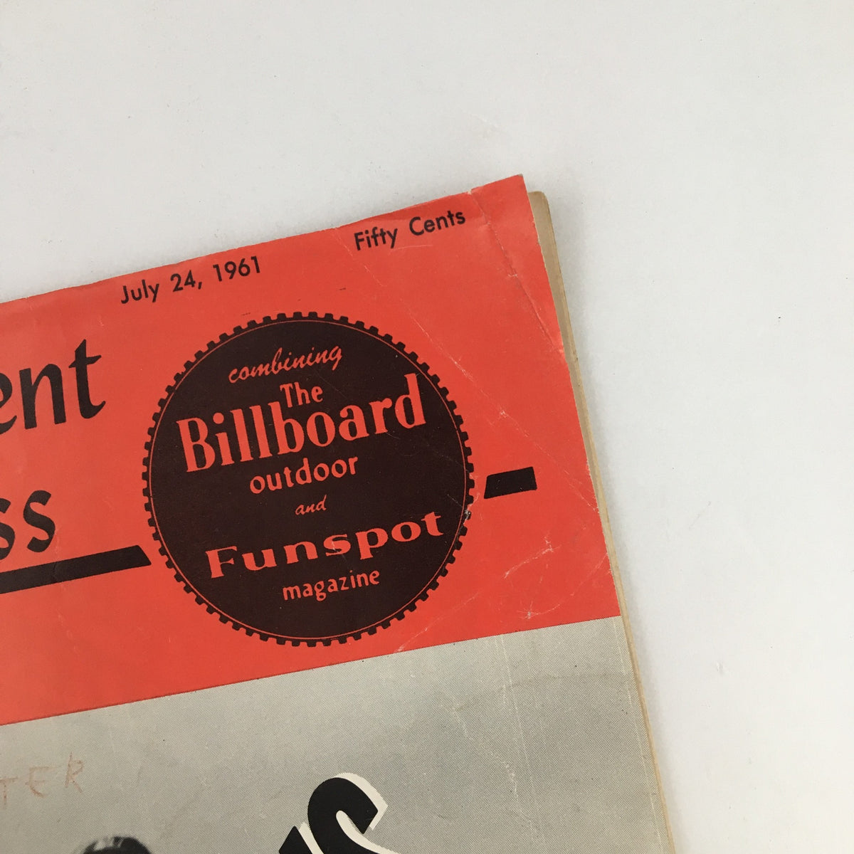 Detail view of the Amusement Business Magazine July 24, 1961, featuring the emblem combining 'The Billboard outdoor and Funspot magazine' in a historical context.