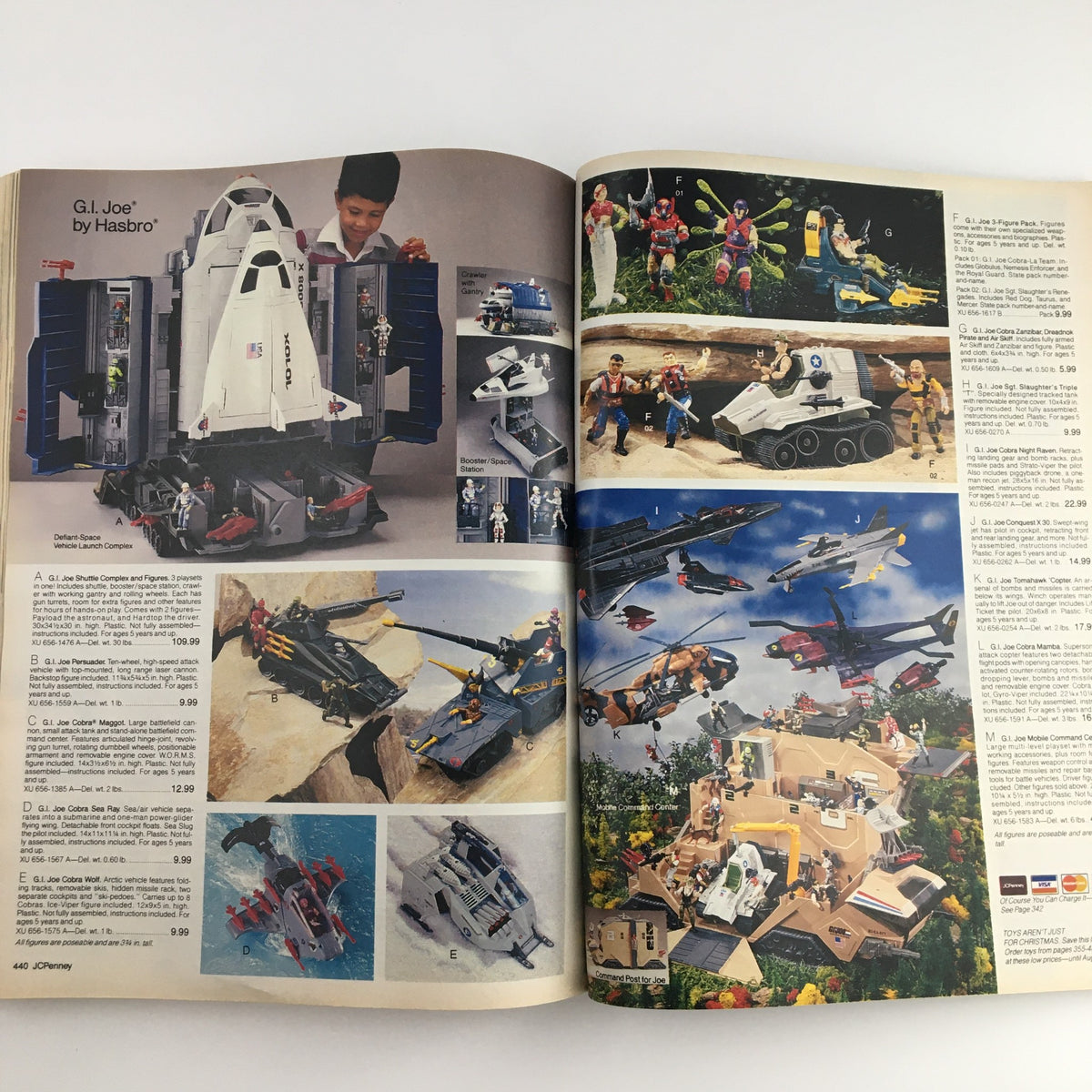 1987 The JCPenney Christmas Party at Grandma's House Catalog featuring G.I. Joe action figures and playsets from Hasbro, showcasing toys and prices for collectibles.