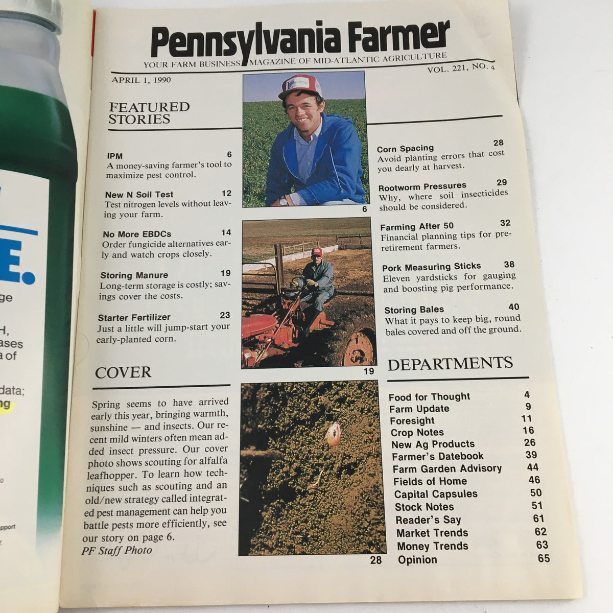 Cover page of Pennsylvania Farmer Magazine, April 1, 1990, showcasing featured stories about agriculture, including scouting for alfalfa leafhopper.