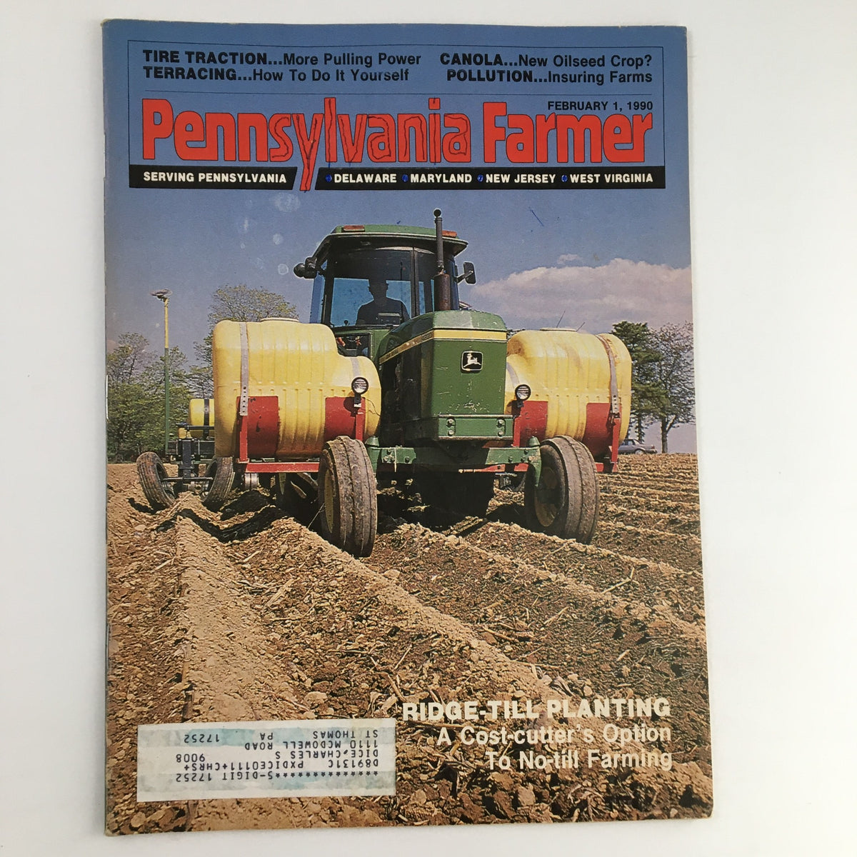 Cover of Pennsylvania Farmer Magazine, February 1, 1990, featuring a green tractor with yellow tanks in a field, highlighting 'Ridge-Till Planting: A Cost-cutter's Option to No-Till Farming.'