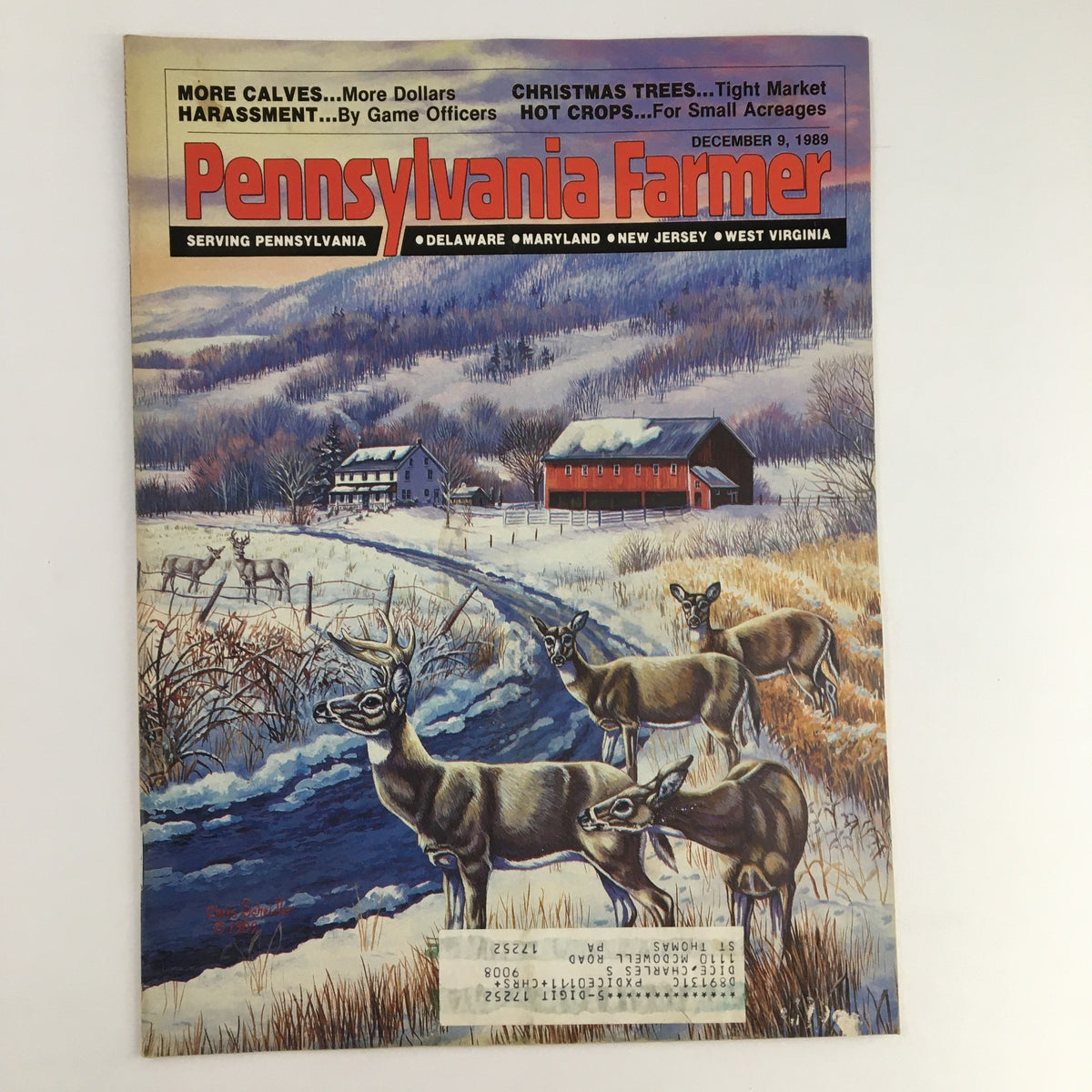 Cover of the Pennsylvania Farmer Magazine, December 9, 1989, featuring a scenic painting of Whitetail Deer in a winter landscape, highlighting rural Pennsylvania life and vintage wildlife art.