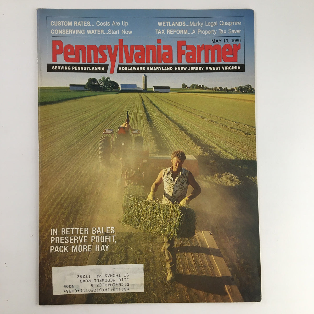 Cover of Pennsylvania Farmer Magazine May 13 1989, showcasing a farmer baling hay in a green field with the headline 'In Better Bales Preserve Profit, Pack More Hay'.