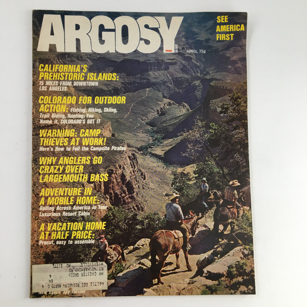 Cover of Argosy Magazine, April 1972, featuring an article on California's Prehistoric Islands, showcasing stunning mountain landscapes and riders on horseback.