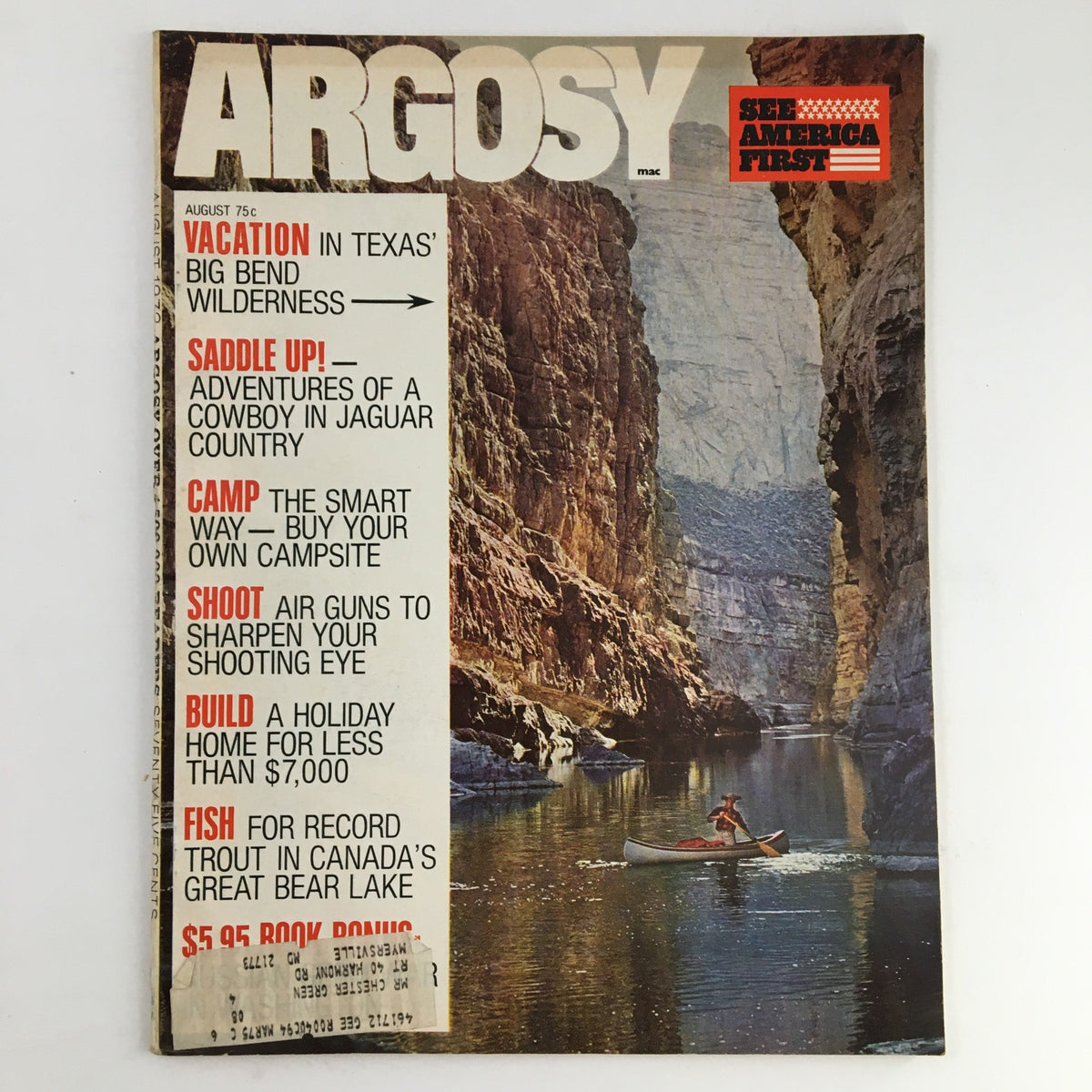 Cover of Argosy Magazine August 1972 featuring an outdoor scene from Big Bend Wilderness, Texas, with a canoe and text highlighting vacation opportunities and adventures.