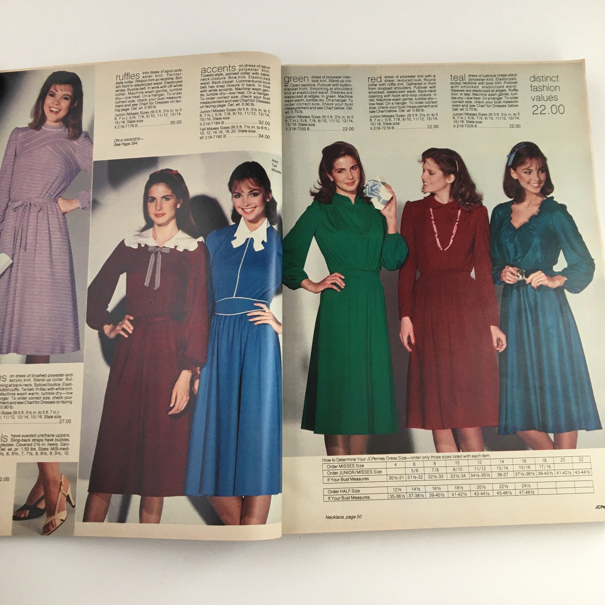 Inside spread of the 1981 JCPenney Dandy Christmas Children's Outfit Catalog showcasing women's fashion dresses in various colors and styles.