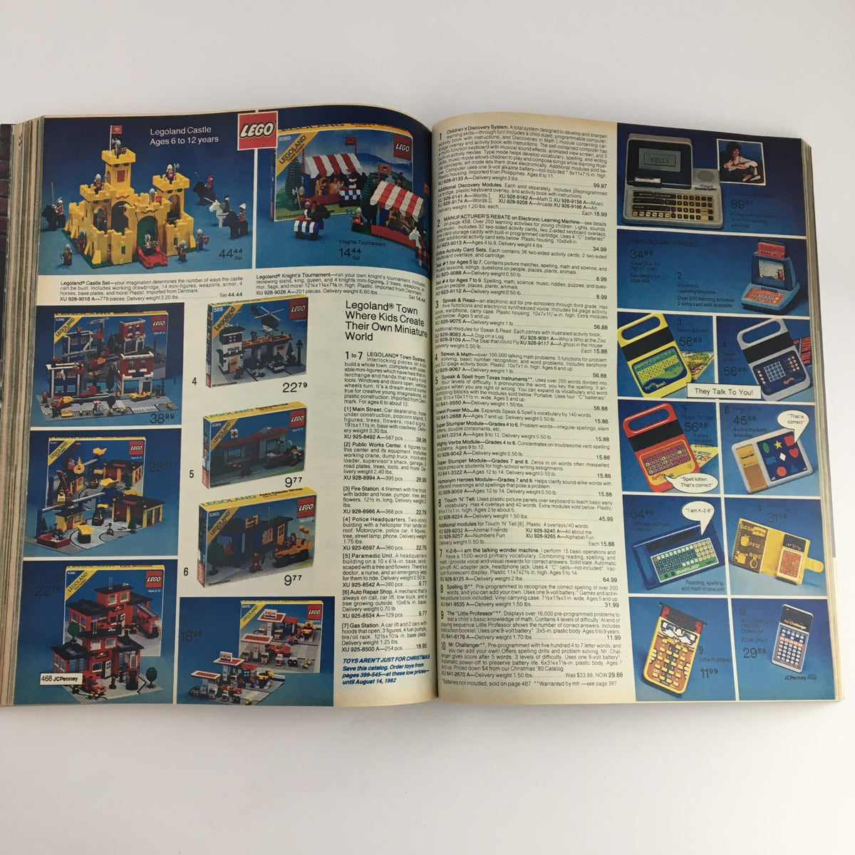 Page displaying LEGO playsets including Legoland Castle, toy town, and electronic learning toys from the 1981 JCPenney Dandy Christmas Children's Outfit Catalog.