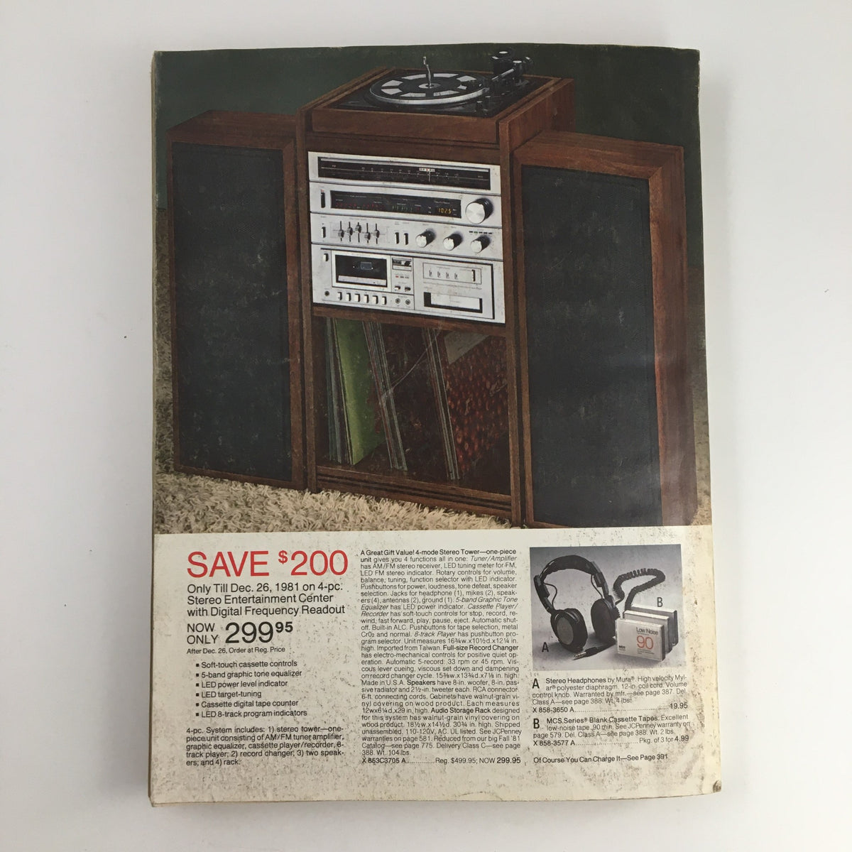Back cover of the 1981 JCPenney Dandy Christmas Children's Outfit Catalog, featuring a stereo entertainment center advertisement with a discount offer.