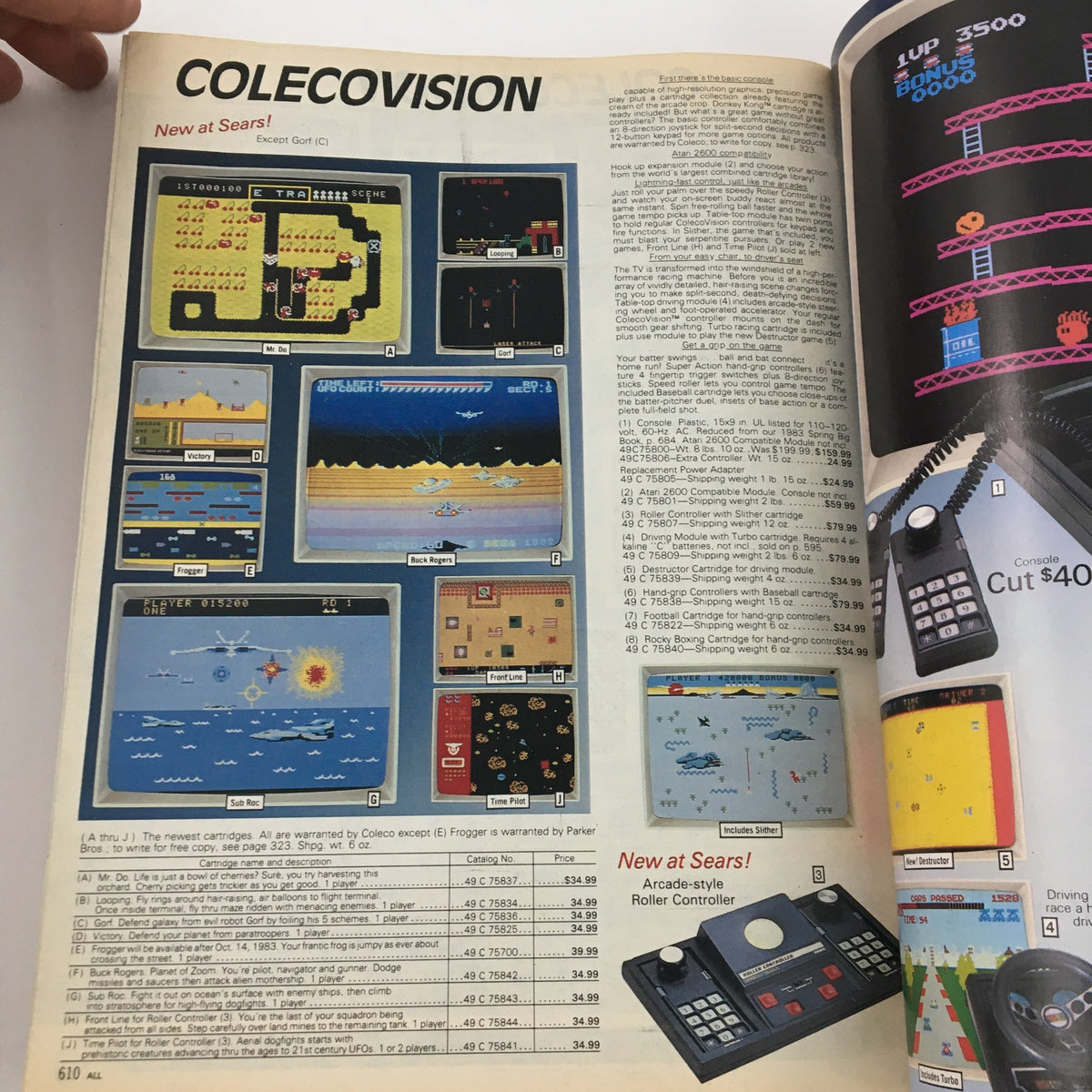 Sears Fall and Winter Atari 5200 Colecovision Price Guide Catalog featuring Colecovision game titles and pricing details, showcasing popular games like Frogger and Victory.