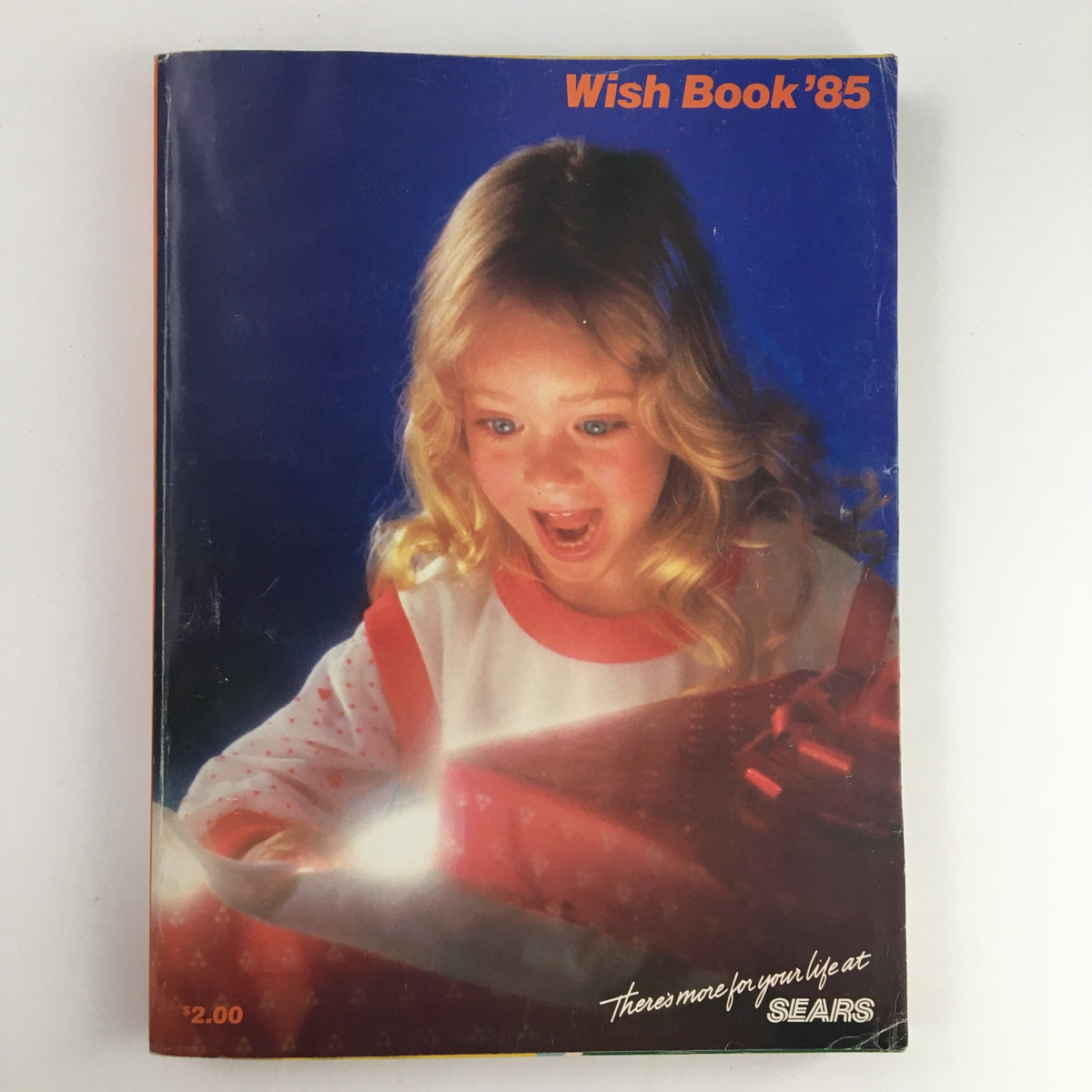 Cover of the 1985 Sears Wish Book Care Bear Cousins Price Guide Catalog featuring a girl with long blonde hair, looking excitedly at a present, conveying a sense of joy and nostalgia.