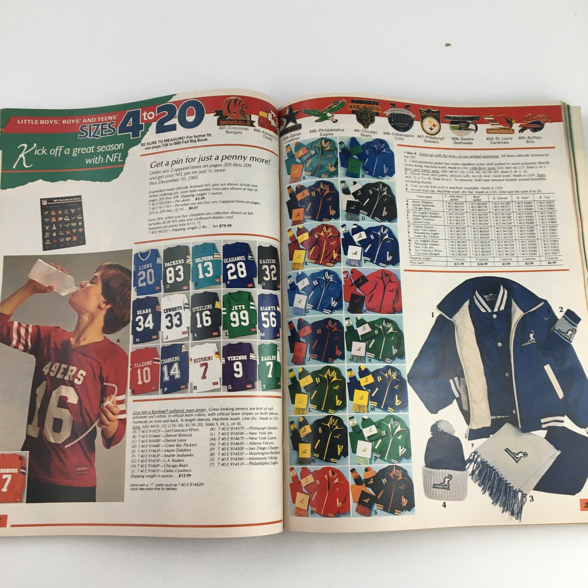 Interior page of the 1985 Sears Wish Book Care Bear Cousins Price Guide Catalog showcasing NFL-themed apparel for boys, including jerseys and jackets, with a young boy drinking from a bottle.