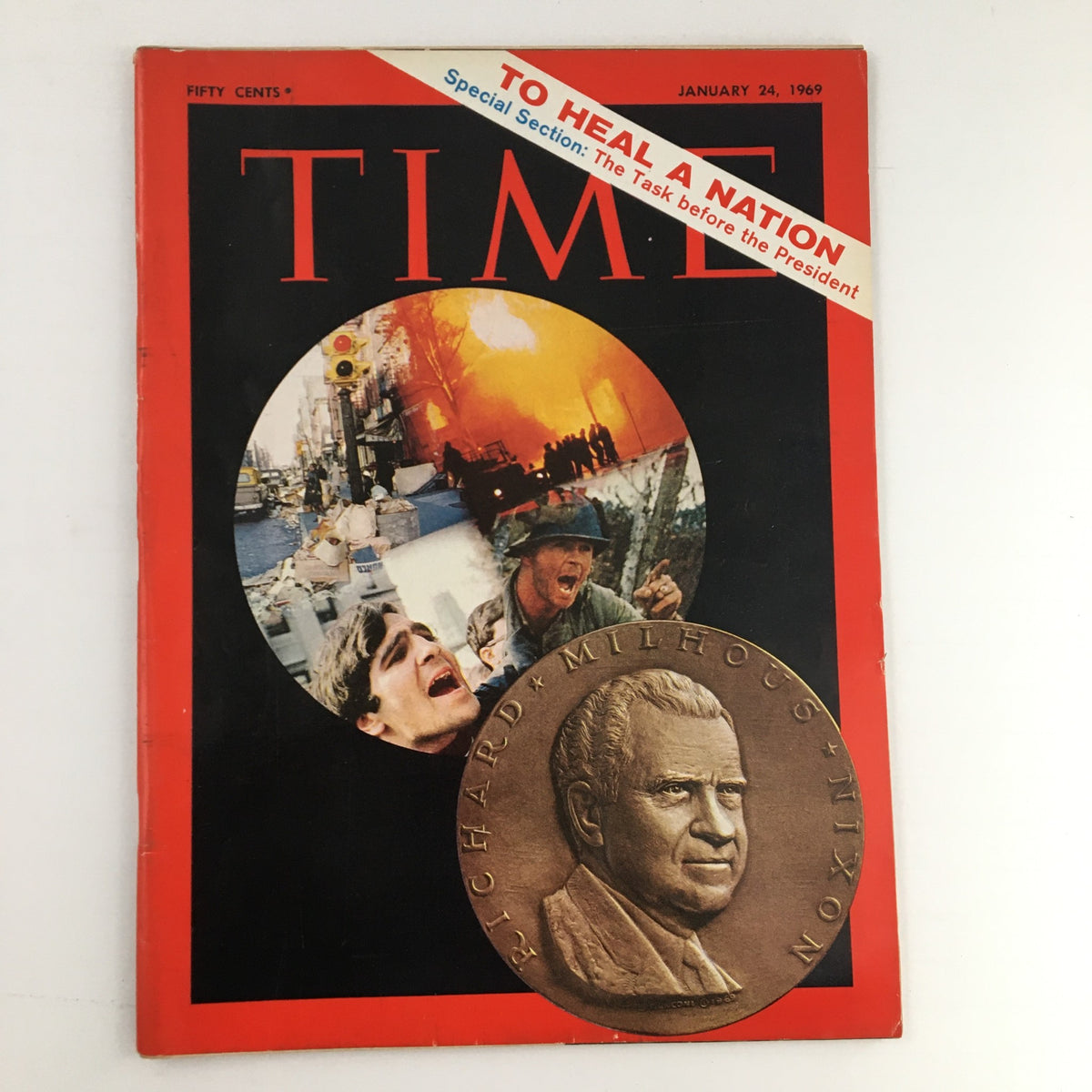 Cover of Time Magazine from January 24, 1969, featuring the special section 'The Task Before The President – Richard Nixon', with vivid imagery depicting social unrest and a coin portrait of Richard Nixon.