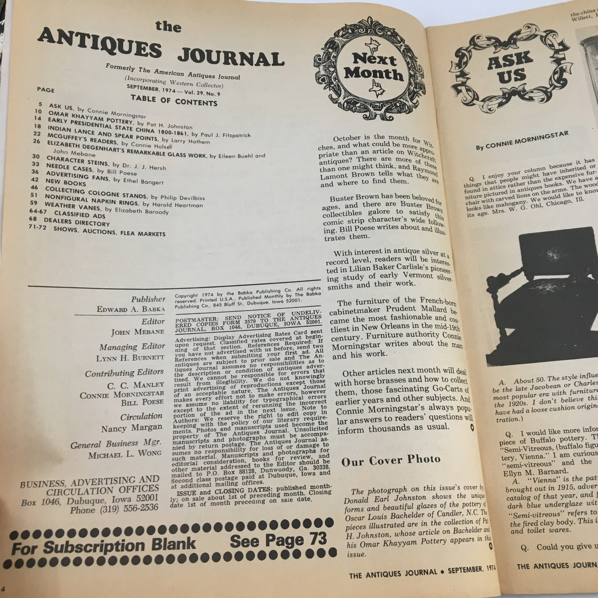 Interior pages of The Antiques Journal Magazine September 1974, displaying the table of contents with articles including Omay Khayyam Pottery.
