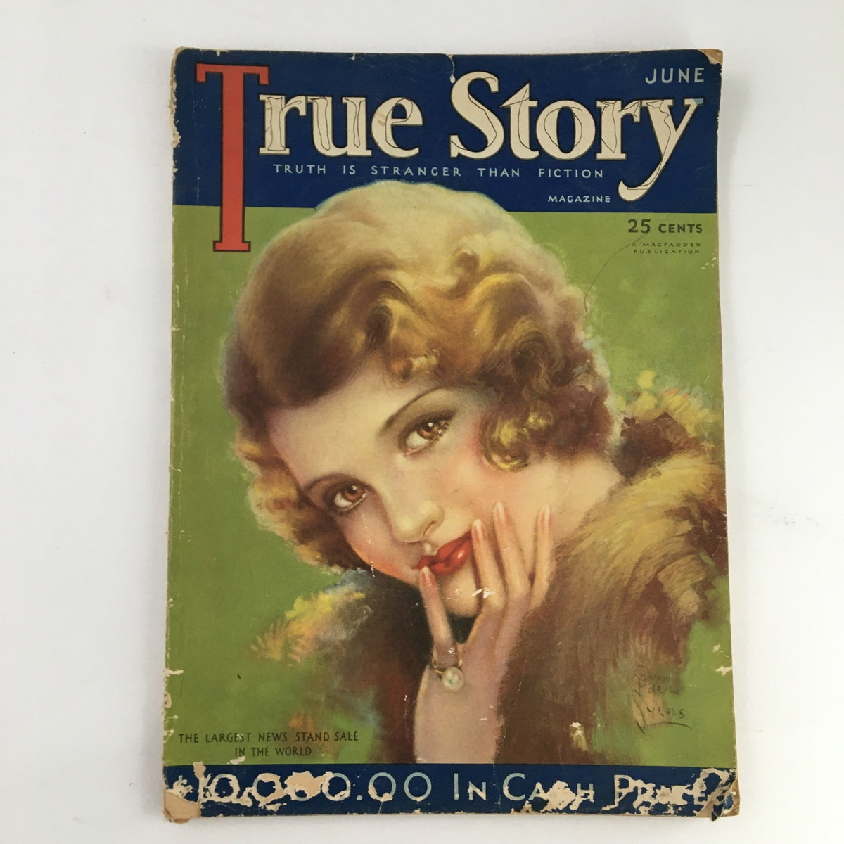 Cover of the True Story Magazine from June 1932 featuring a beautiful woman with curly hair and elegant makeup, signifying vintage aesthetics and historical value.