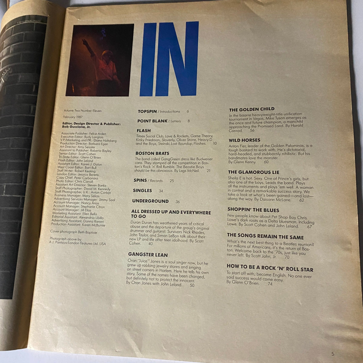Inside page of VTG Spin Magazine February 1987, Vol 2 No 11 displaying the table of contents with music and film references from the 80s.