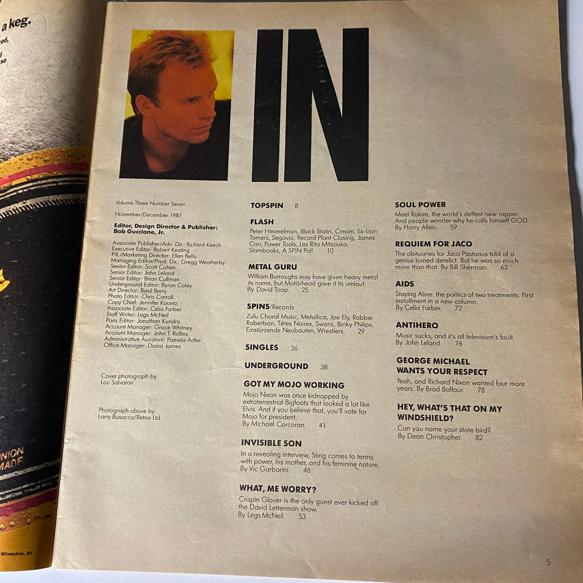 Inside page of Spin Magazine November 1987 with the title and featured artists including Sting, highlighting the music scene of the late 1980s.