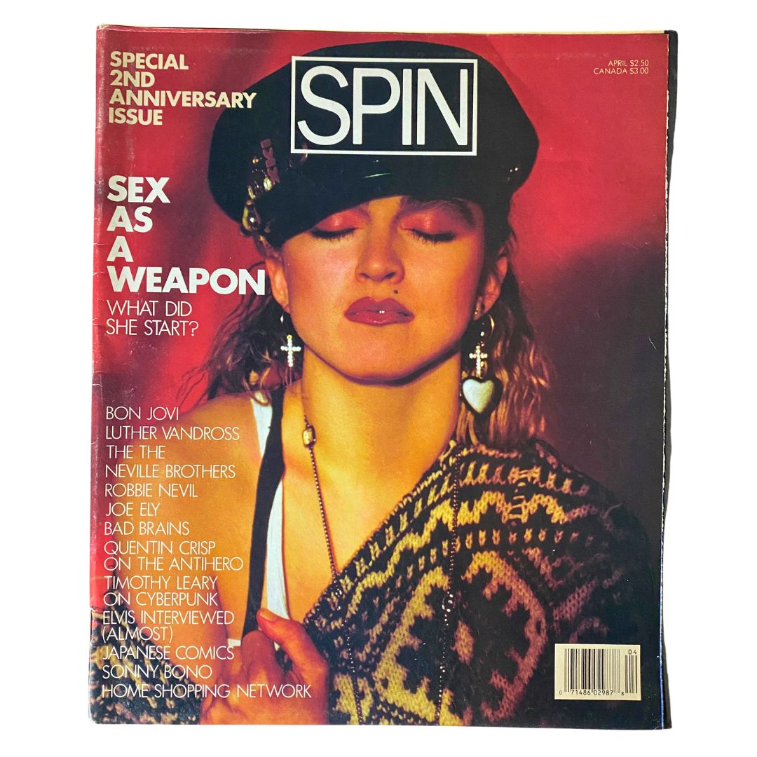 Cover of Spin Magazine April 1987 Vol 3 No. 1 featuring Madonna in the special 2nd Anniversary Issue, highlighting the theme 'Sex As A Weapon.' The magazine showcases iconic pop culture visuals from the 1980s.