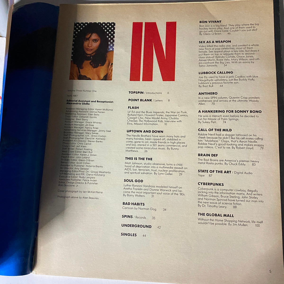 Interior page of Spin Magazine April 1987 Vol 3 No. 1, listing articles and features including 'Sex As A Weapon' and 'Bad Habits.' This page reflects the magazine's connection to the music and cultural scene of the era.