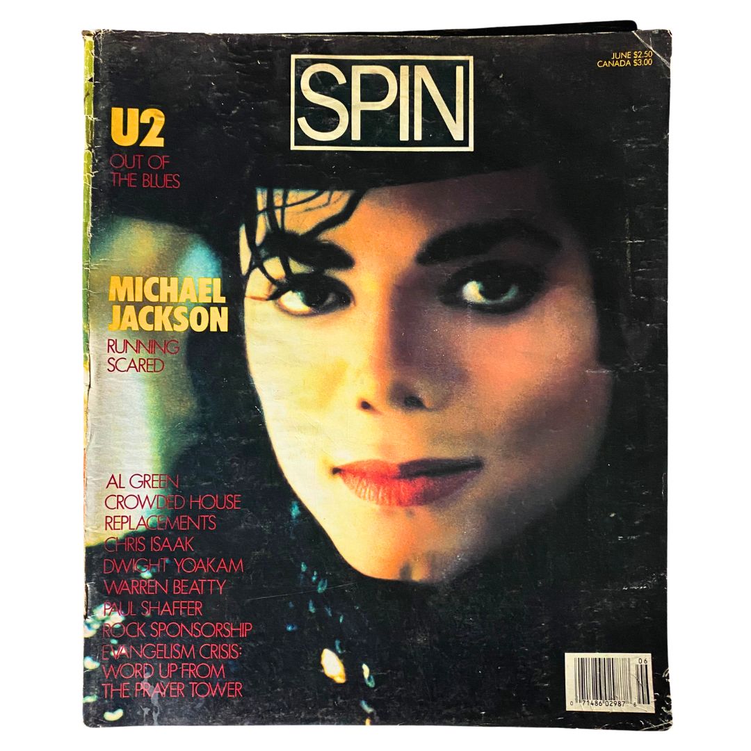 Cover of VTG Spin Magazine June 1987 Vol 3 No. 3 featuring Michael Jackson and U2. The magazine highlights Michael Jackson with the text 'Running Scared' and includes titles like 'U2 Out of the Blues'. This collectible magazine captures the music culture of the late 1980s.